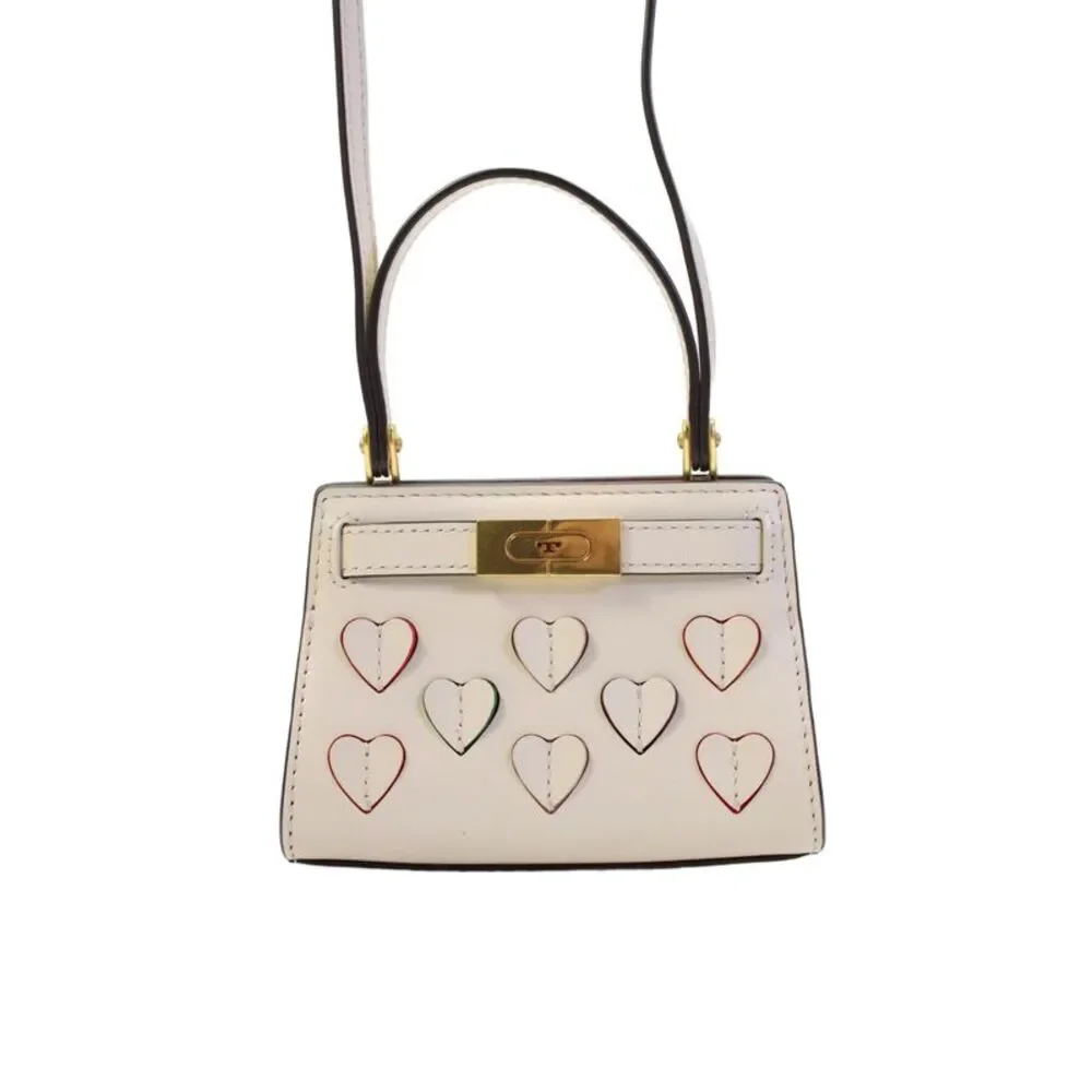 Tory Burch Womens Leather Nano Lee Radziwill Heart Applique Handbag Beige